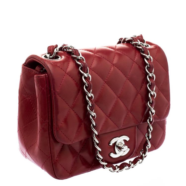 Pre Owned Chanel Red Quilted Leather Mini Square Classic Flap Bag