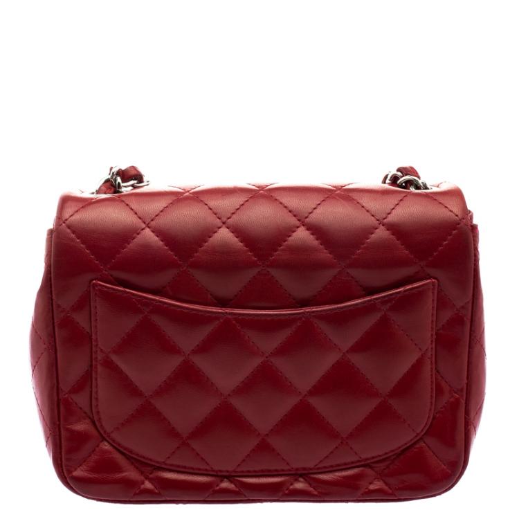 Pre Owned Chanel Red Quilted Leather Mini Square Classic Flap Bag