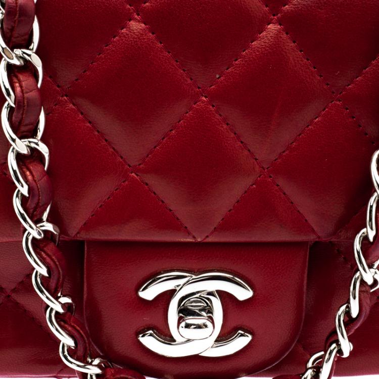 Pre Owned Chanel Red Quilted Leather Mini Square Classic Flap Bag