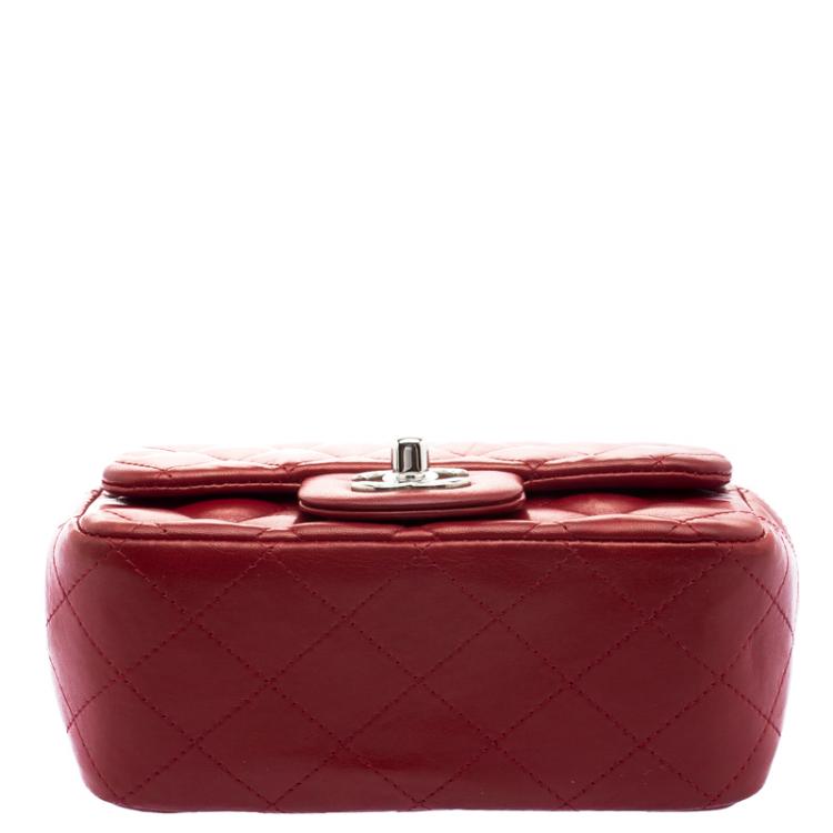 Pre Owned Chanel Red Quilted Leather Mini Square Classic Flap Bag