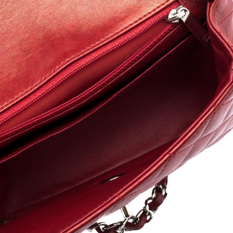 Pre Owned Chanel Red Quilted Leather Mini Square Classic Flap Bag