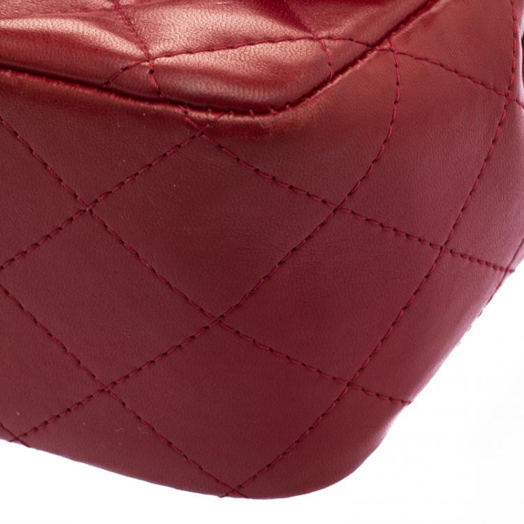 Pre Owned Chanel Red Quilted Leather Mini Square Classic Flap Bag