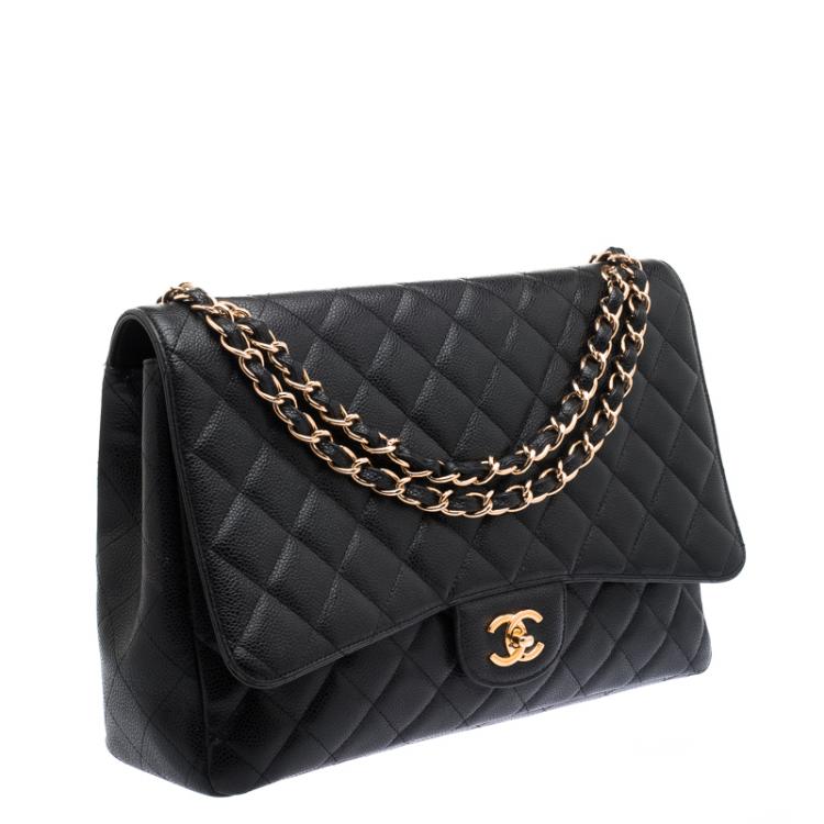 Pre Owned Chanel Black Quilted Caviar Leather Maxi Classic Single Flap Bag