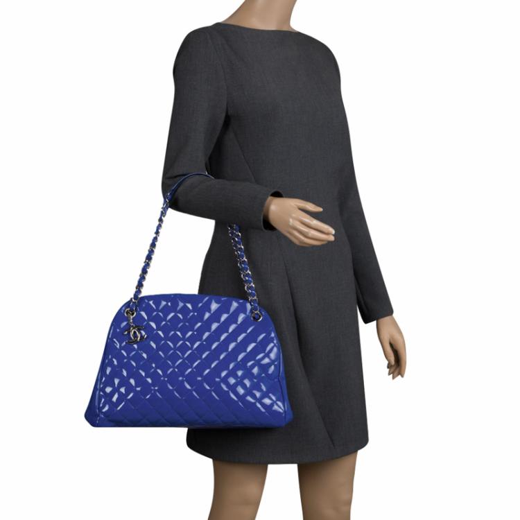 Pre Owned Chanel Blue Quilted Patent Leather Just Mademoiselle Bowling Bag