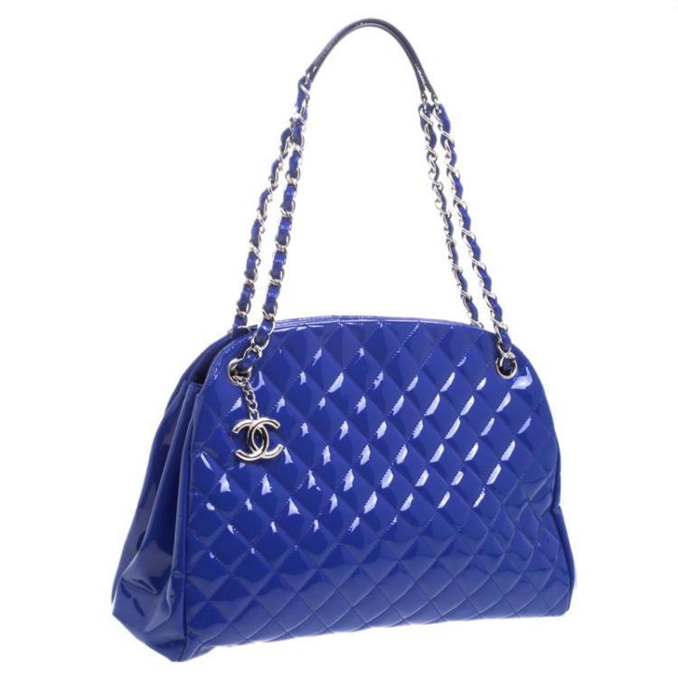 Pre Owned Chanel Blue Quilted Patent Leather Just Mademoiselle Bowling Bag