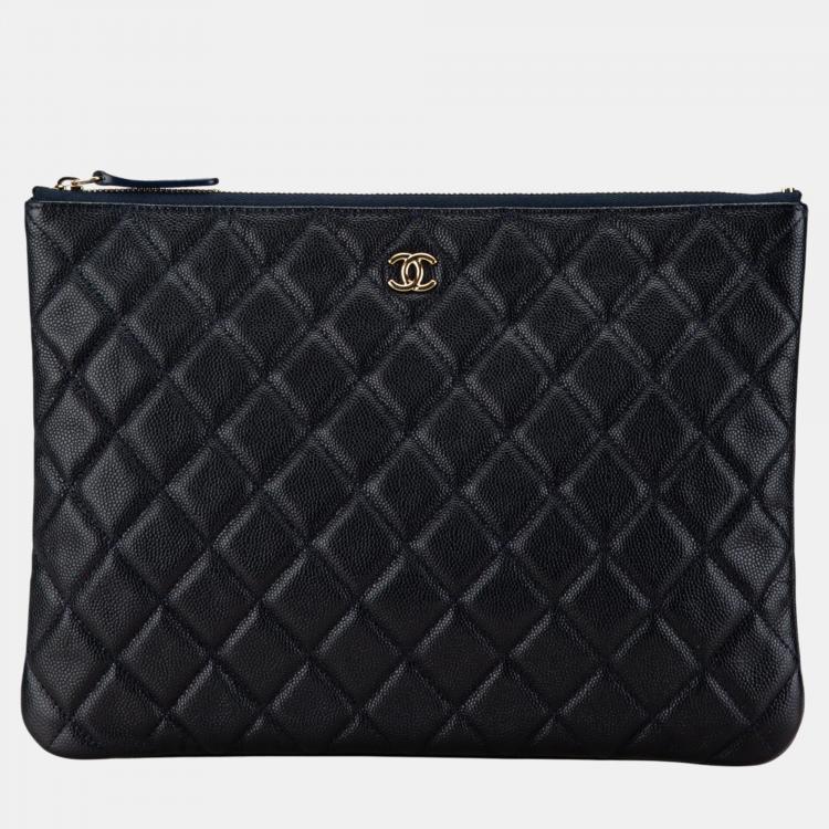 Chanel Navy Blue Medium Quilted Caviar O Case Clutch