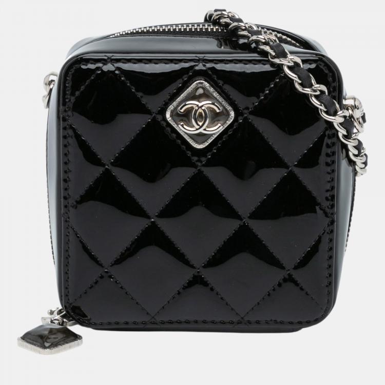 Chanel Black CC Quilted Patent Clutch With Chain