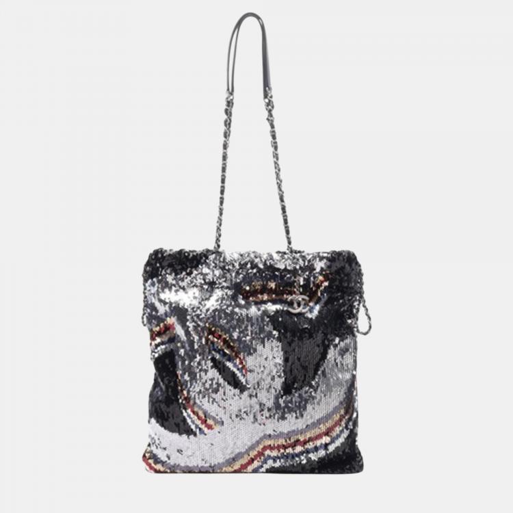 Chanel Silver CC Sequin Drawstring Tote