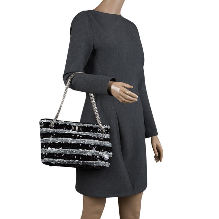 Pre Owned Chanel Black/Silver Stripe Sequins Reissue Shoulder Bag