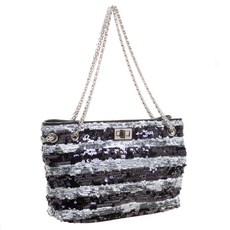 Pre Owned Chanel Black/Silver Stripe Sequins Reissue Shoulder Bag