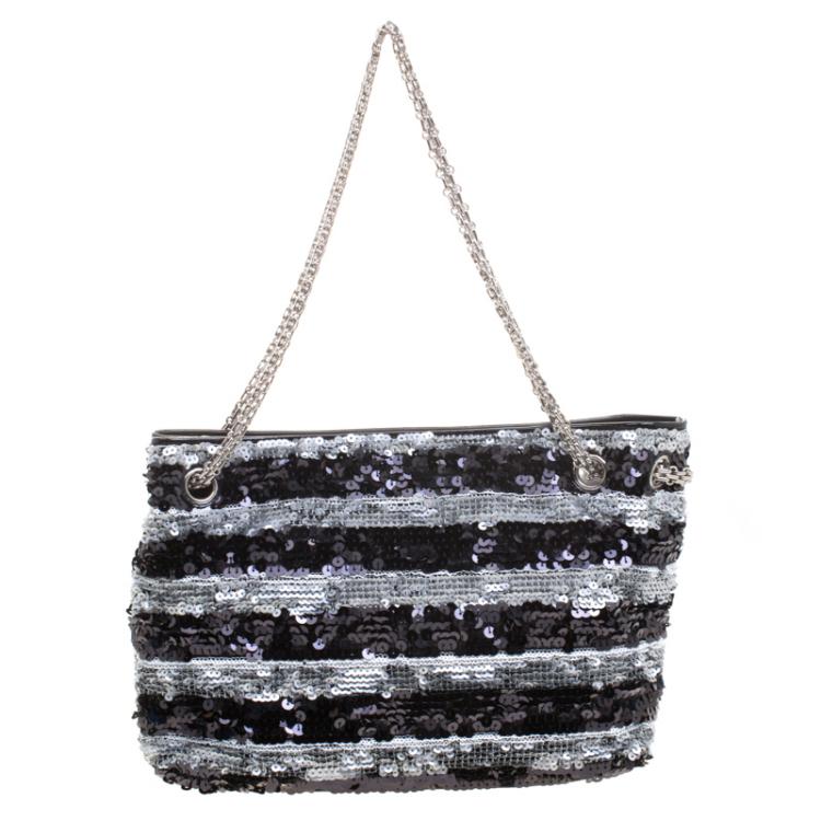 Pre Owned Chanel Black/Silver Stripe Sequins Reissue Shoulder Bag