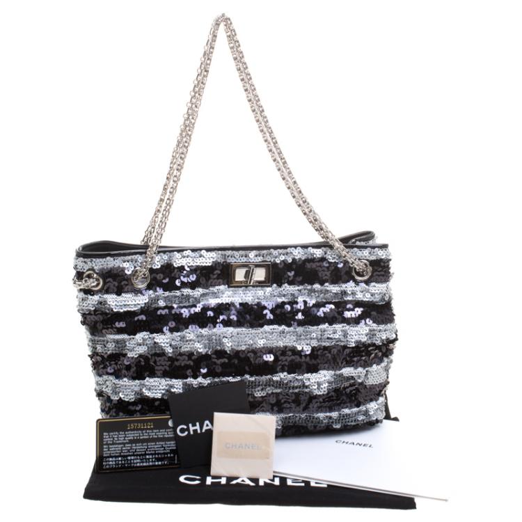 Pre Owned Chanel Black/Silver Stripe Sequins Reissue Shoulder Bag