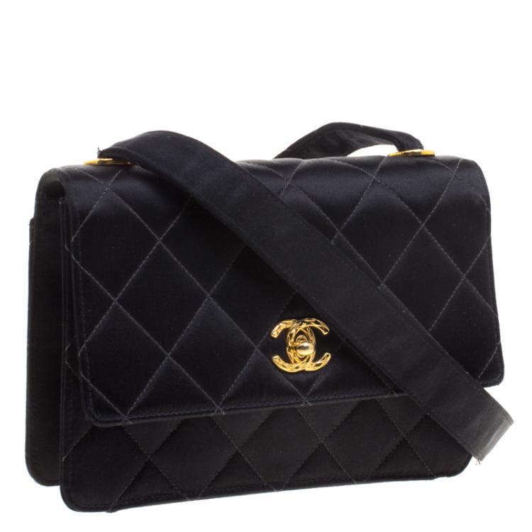 Pre Owned Chanel Black Quilted Satin Classic Flap Crossbody Bag