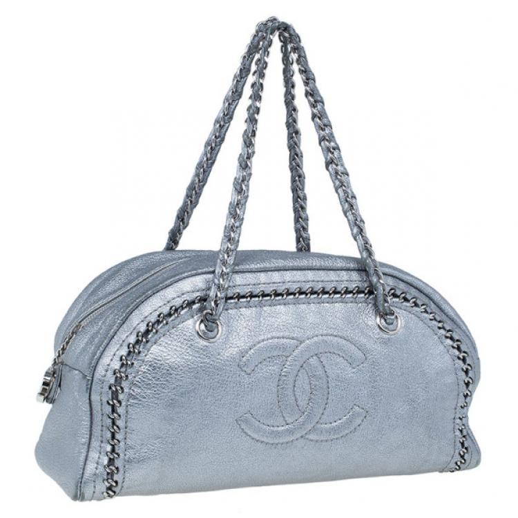 Pre Owned Chanel Luxe Ligne Silver Leather Chain Trim Large Bowler Boston Duffel Bag