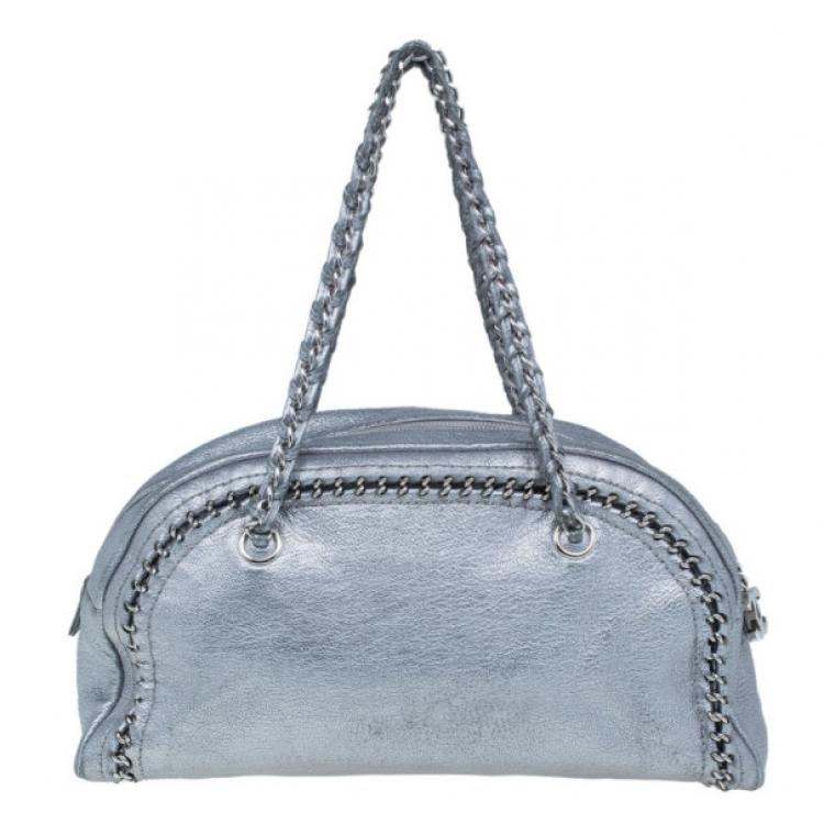 Pre Owned Chanel Luxe Ligne Silver Leather Chain Trim Large Bowler Boston Duffel Bag