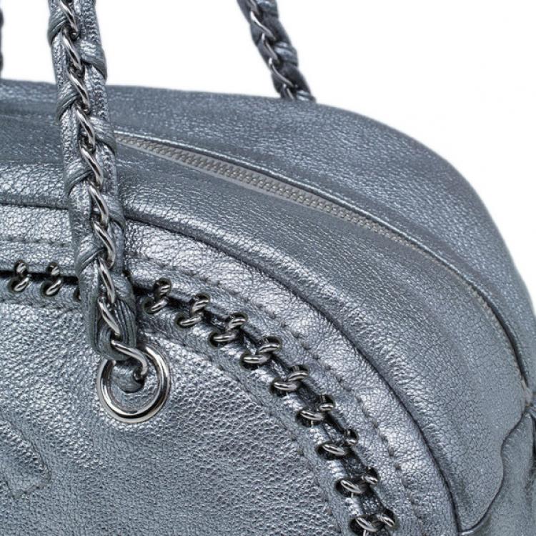 Pre Owned Chanel Luxe Ligne Silver Leather Chain Trim Large Bowler Boston Duffel Bag