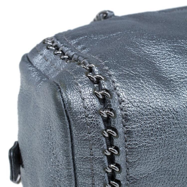 Pre Owned Chanel Luxe Ligne Silver Leather Chain Trim Large Bowler Boston Duffel Bag