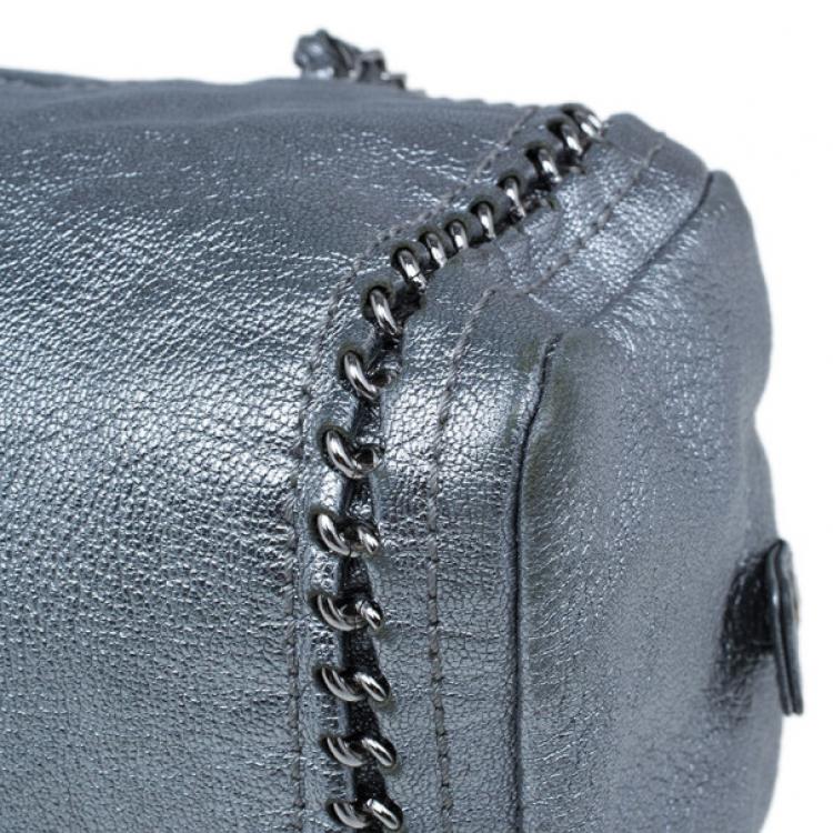 Pre Owned Chanel Luxe Ligne Silver Leather Chain Trim Large Bowler Boston Duffel Bag