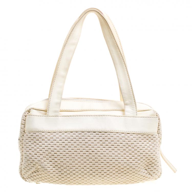 Pre Owned Chanel Cream Fabric and Leather Bowling Bag