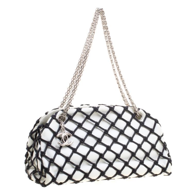 Pre Owned Chanel Black/White Canebiers Leather Medium Just Mademoiselle Bowling Bag
