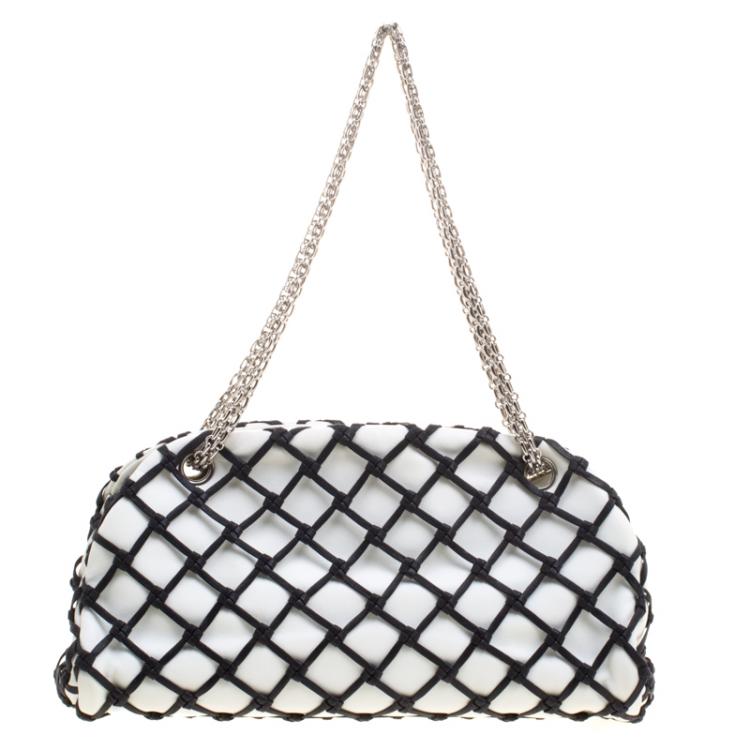 Pre Owned Chanel Black/White Canebiers Leather Medium Just Mademoiselle Bowling Bag