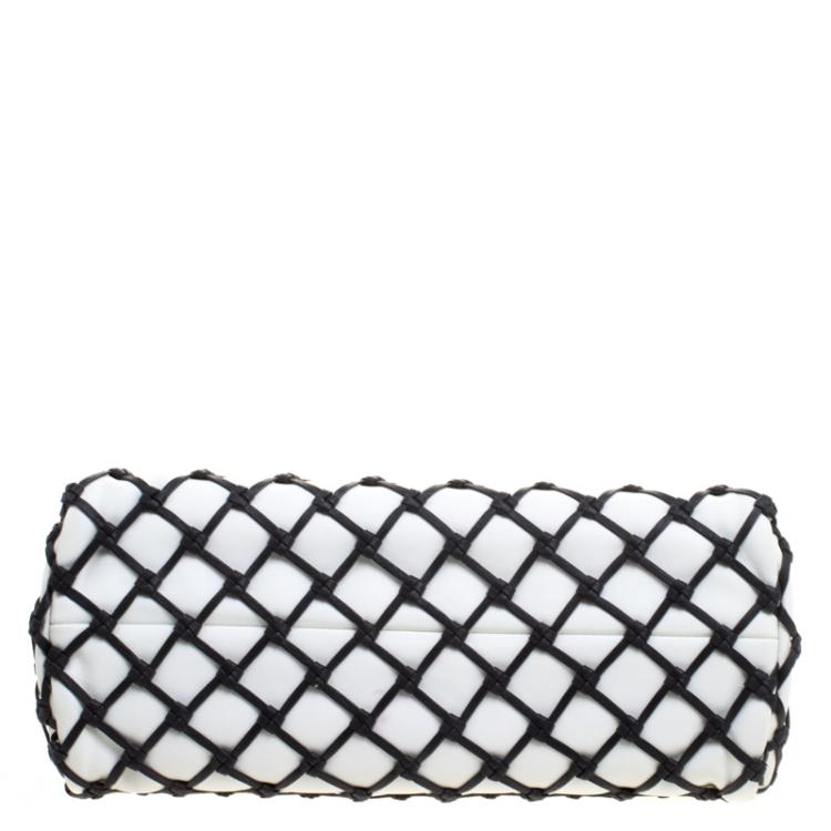 Pre Owned Chanel Black/White Canebiers Leather Medium Just Mademoiselle Bowling Bag