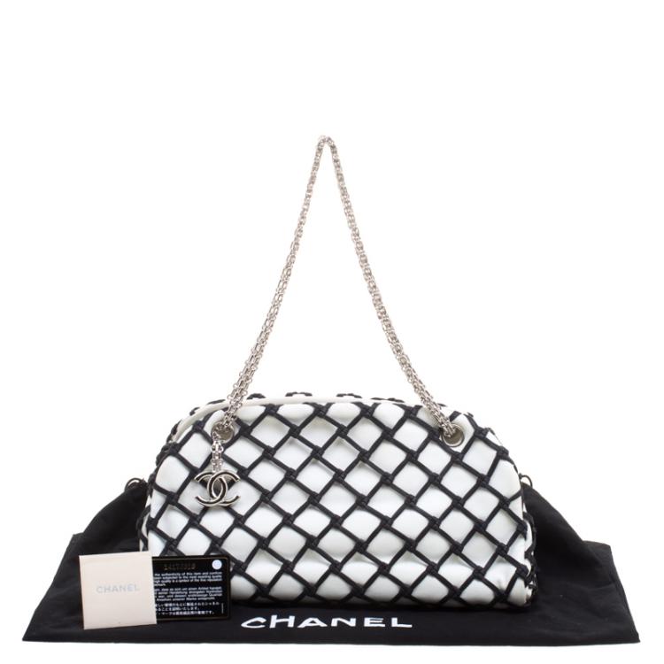 Pre Owned Chanel Black/White Canebiers Leather Medium Just Mademoiselle Bowling Bag