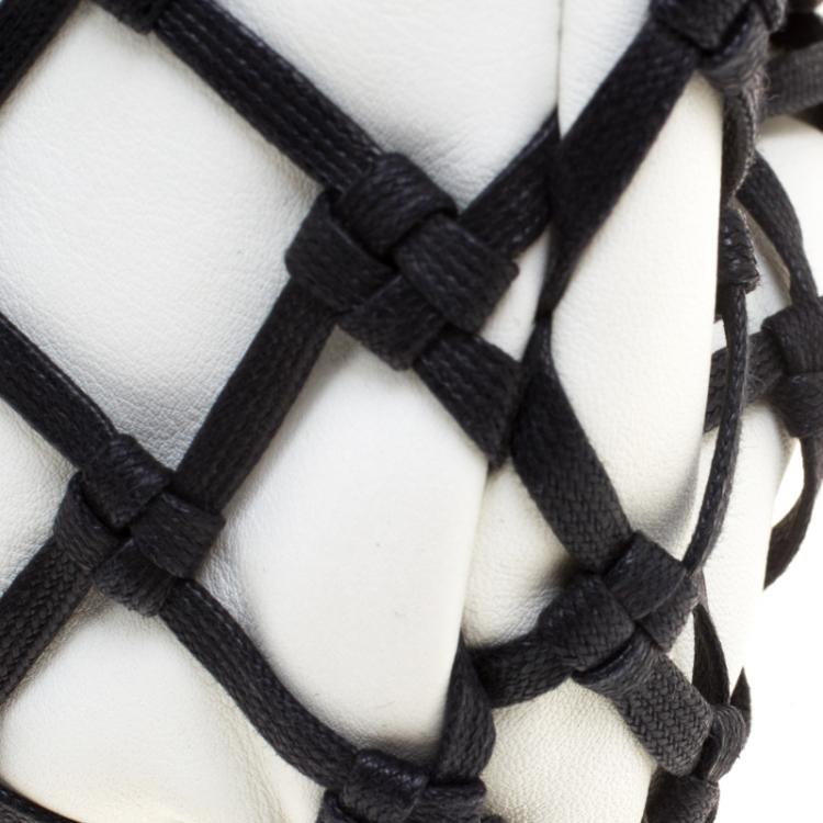Pre Owned Chanel Black/White Canebiers Leather Medium Just Mademoiselle Bowling Bag
