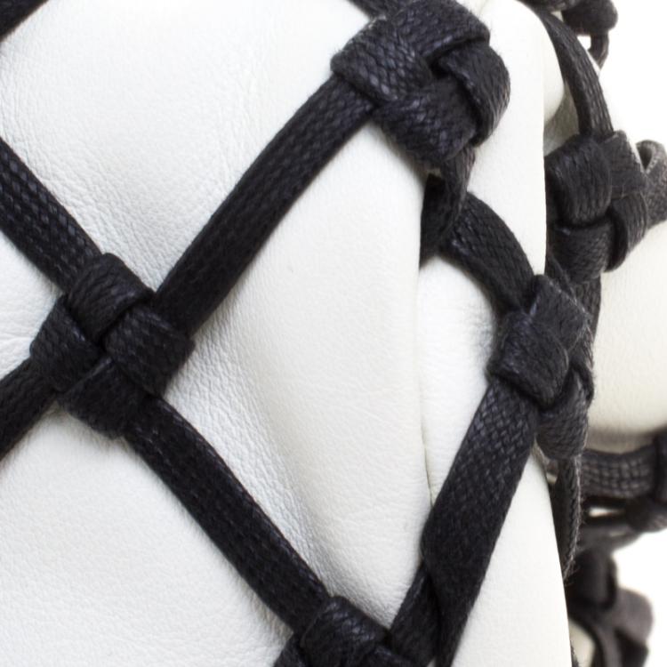 Pre Owned Chanel Black/White Canebiers Leather Medium Just Mademoiselle Bowling Bag
