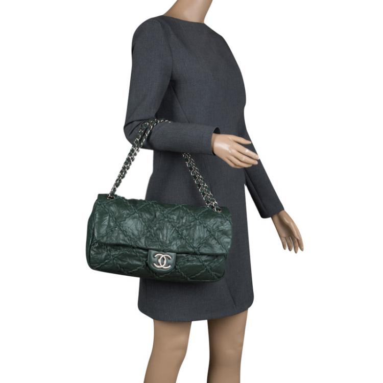 Pre Owned Chanel Green Crinkled Leather Ultra Stitch Classic Flap Bag