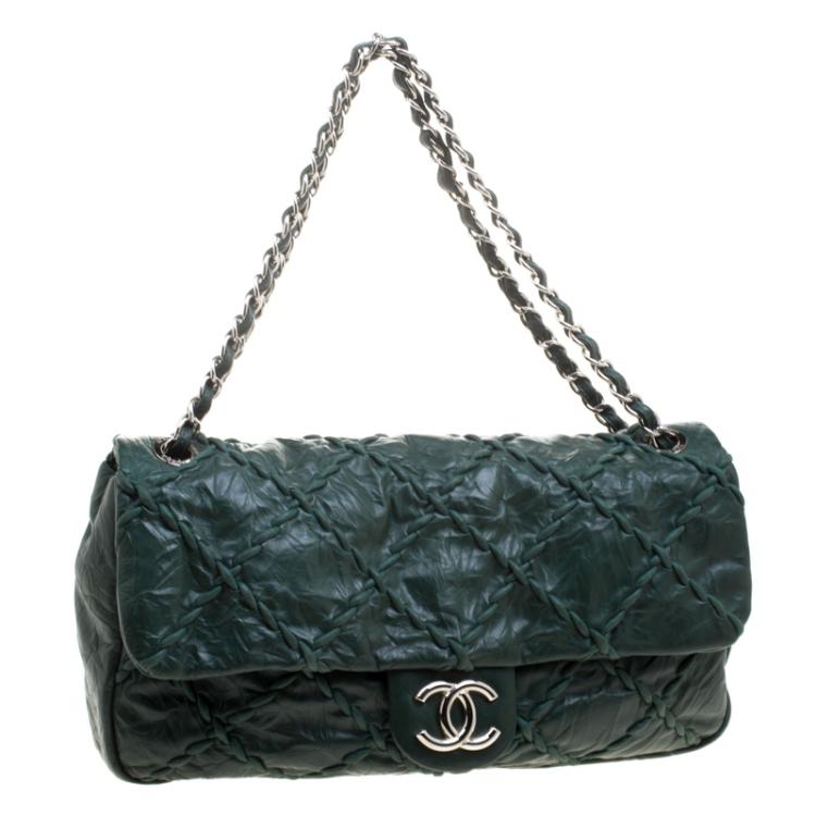 Pre Owned Chanel Green Crinkled Leather Ultra Stitch Classic Flap Bag
