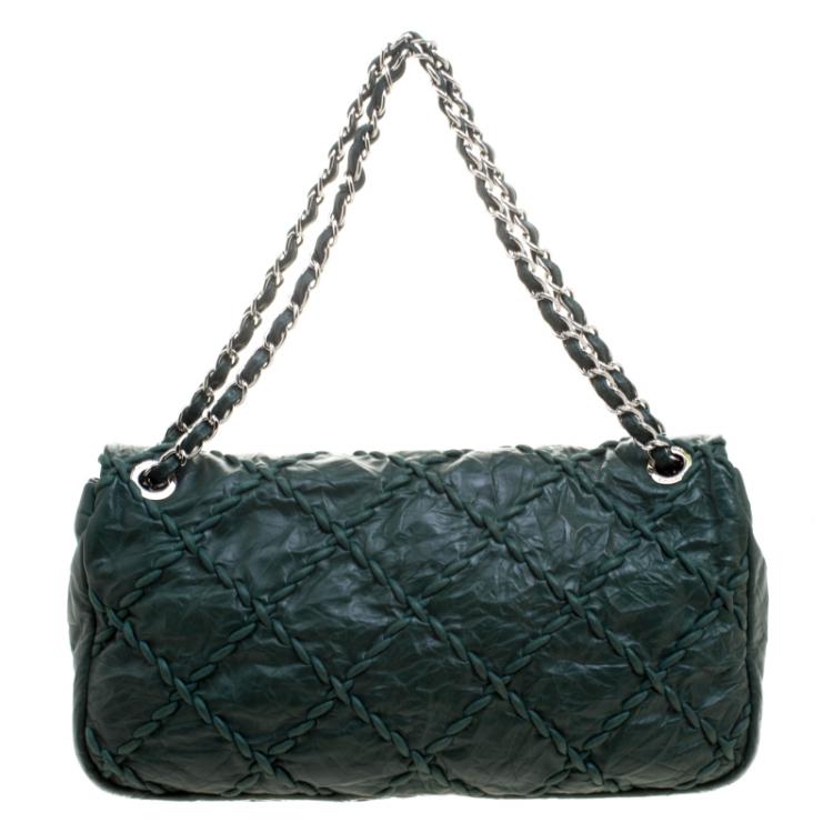Pre Owned Chanel Green Crinkled Leather Ultra Stitch Classic Flap Bag