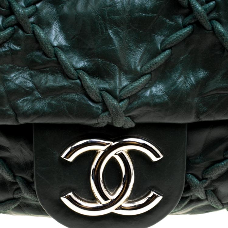Pre Owned Chanel Green Crinkled Leather Ultra Stitch Classic Flap Bag