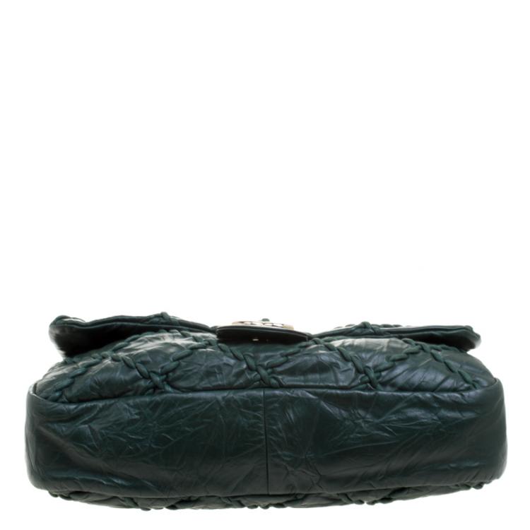 Pre Owned Chanel Green Crinkled Leather Ultra Stitch Classic Flap Bag