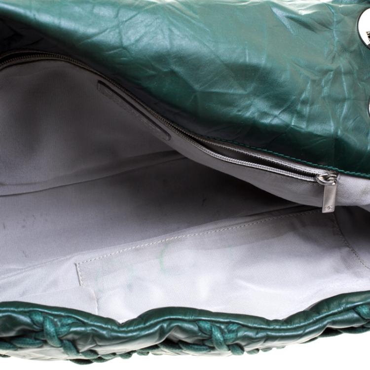 Pre Owned Chanel Green Crinkled Leather Ultra Stitch Classic Flap Bag