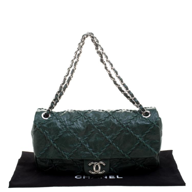 Pre Owned Chanel Green Crinkled Leather Ultra Stitch Classic Flap Bag
