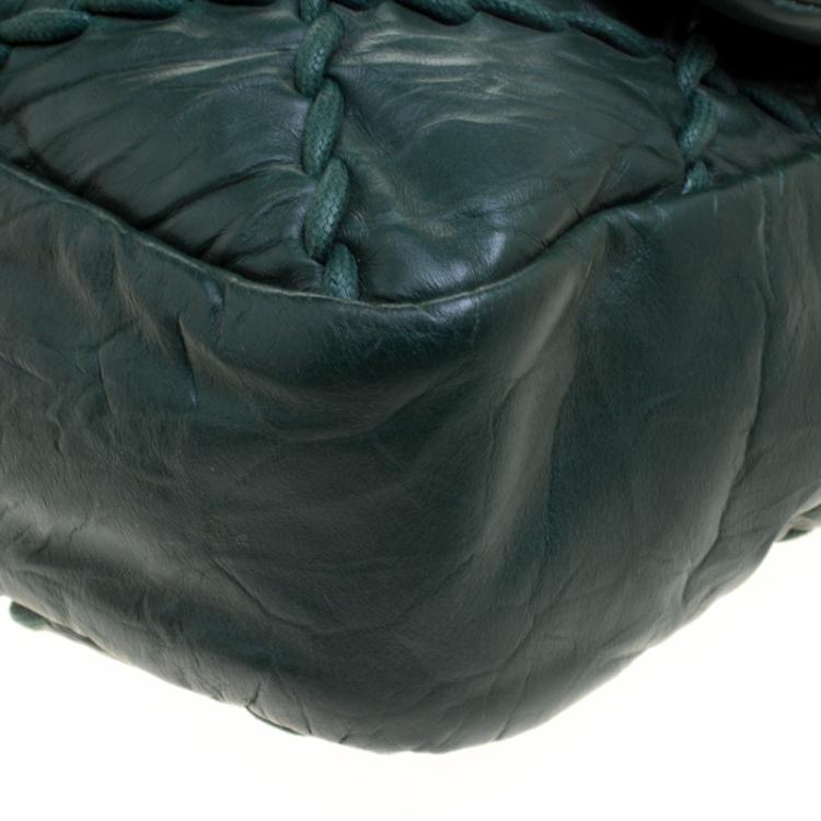 Pre Owned Chanel Green Crinkled Leather Ultra Stitch Classic Flap Bag