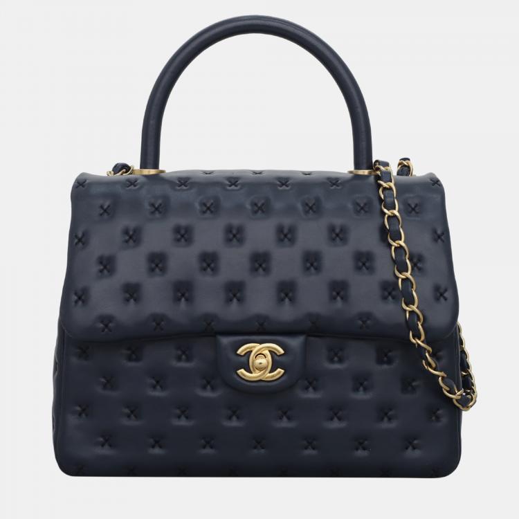 Pre Owned Chanel Dark Blue Lambskin Paris-Rome Cross-Stitch Coco Top Handle Bag