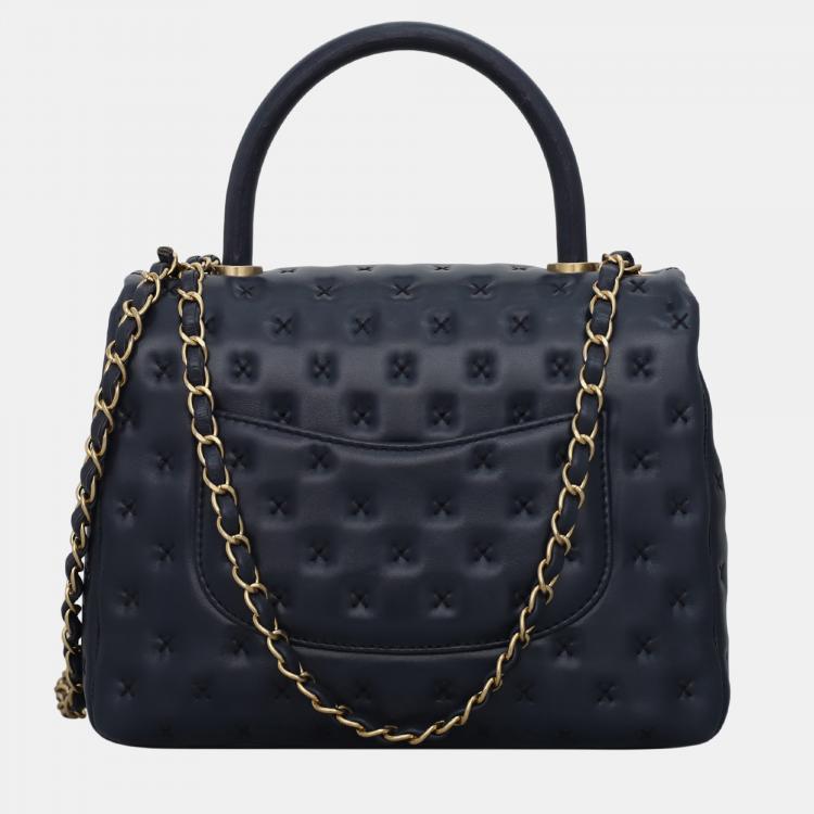 Pre Owned Chanel Dark Blue Lambskin Paris-Rome Cross-Stitch Coco Top Handle Bag