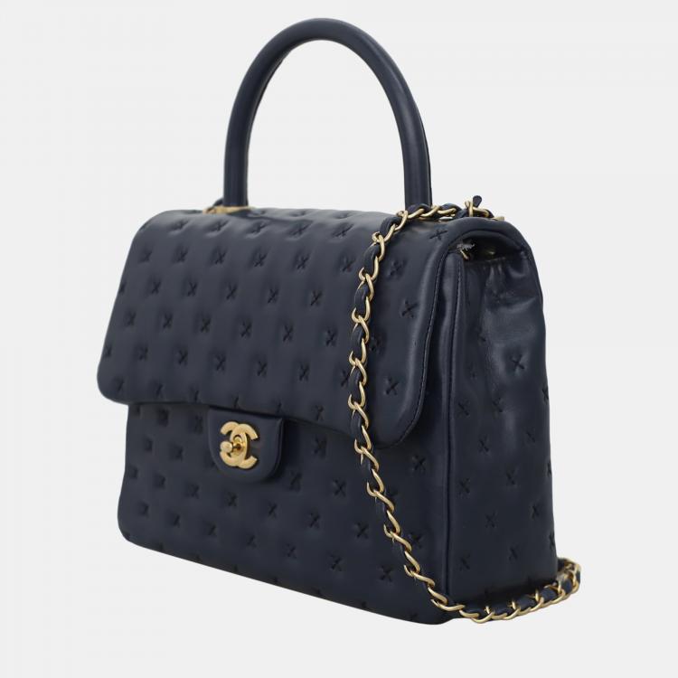 Pre Owned Chanel Dark Blue Lambskin Paris-Rome Cross-Stitch Coco Top Handle Bag