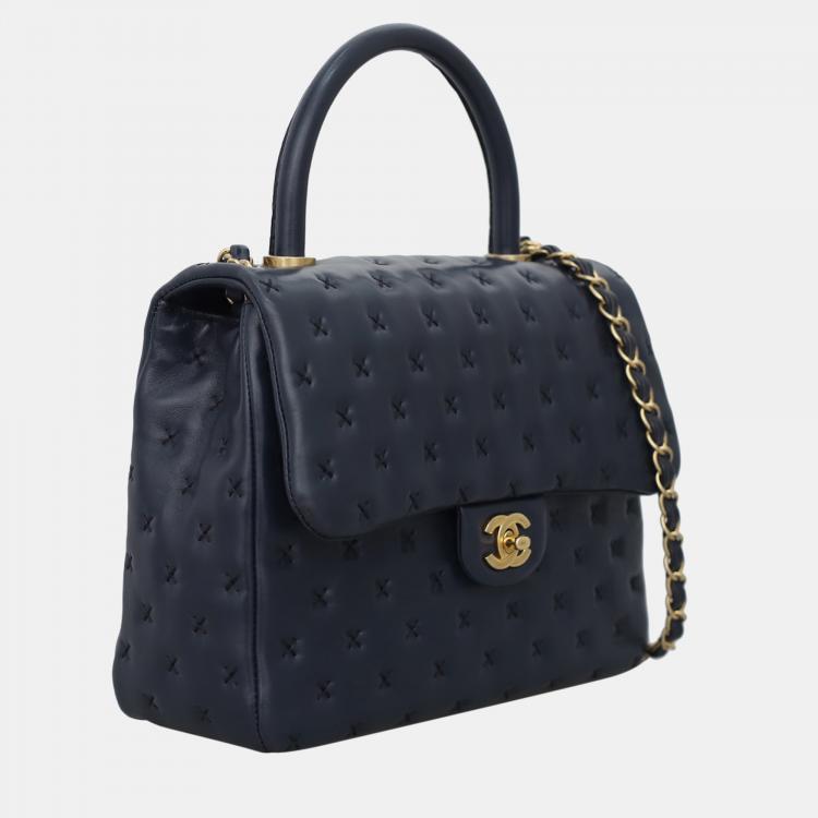 Pre Owned Chanel Dark Blue Lambskin Paris-Rome Cross-Stitch Coco Top Handle Bag