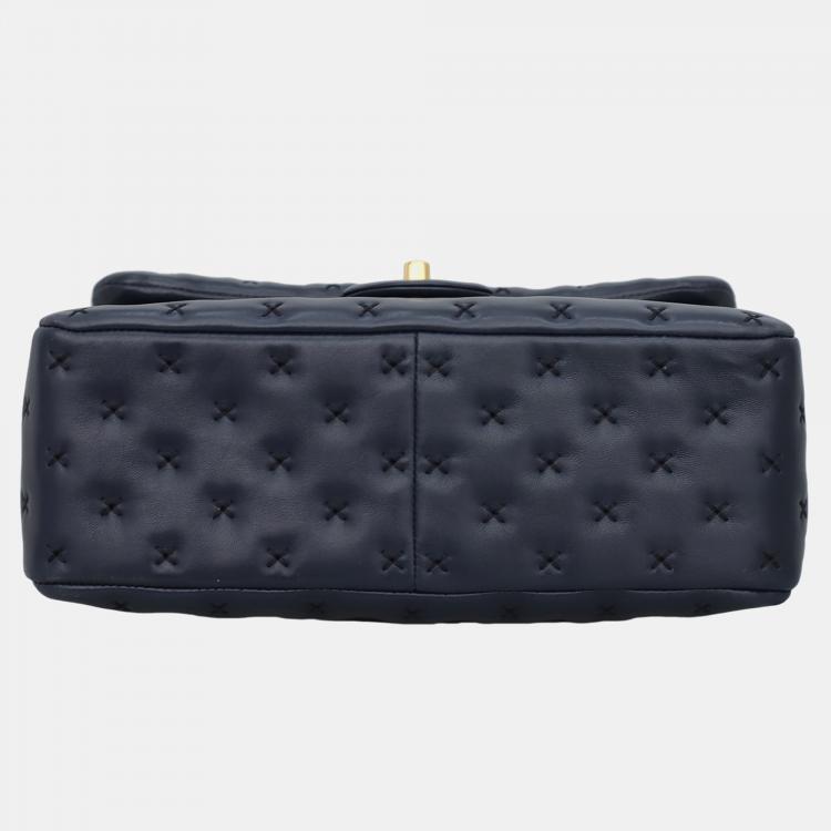Pre Owned Chanel Dark Blue Lambskin Paris-Rome Cross-Stitch Coco Top Handle Bag