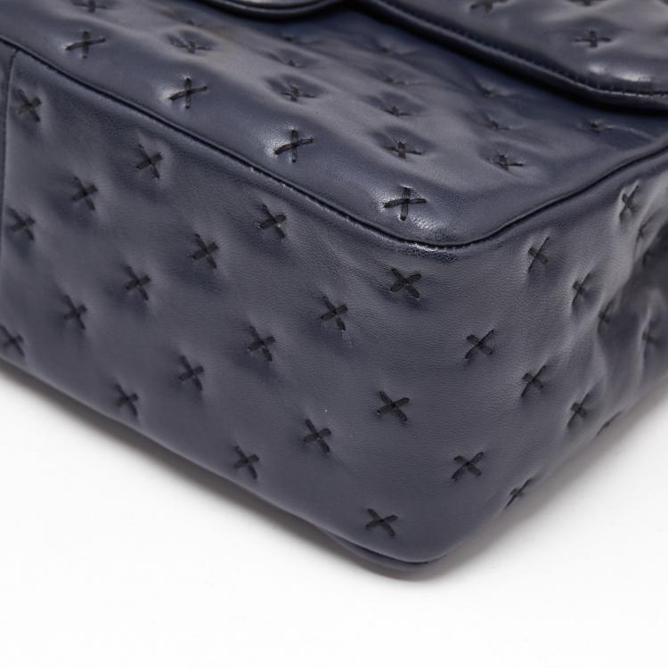 Pre Owned Chanel Dark Blue Lambskin Paris-Rome Cross-Stitch Coco Top Handle Bag