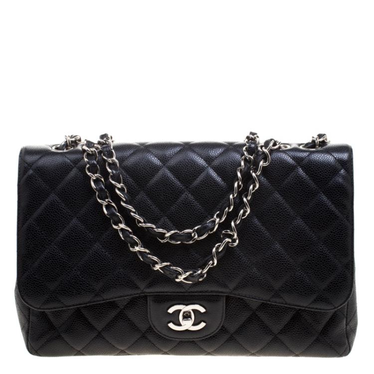 Pre Owned Chanel Black Quilted Caviar Leather Jumbo Classic Single Flap Bag