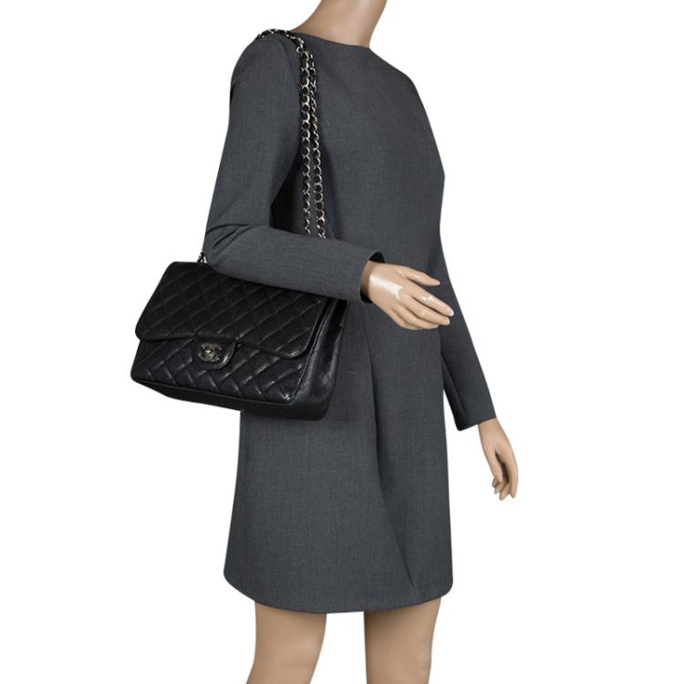 Pre Owned Chanel Black Quilted Caviar Leather Jumbo Classic Single Flap Bag