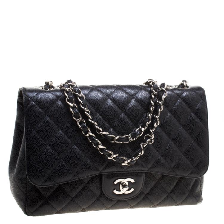 Pre Owned Chanel Black Quilted Caviar Leather Jumbo Classic Single Flap Bag