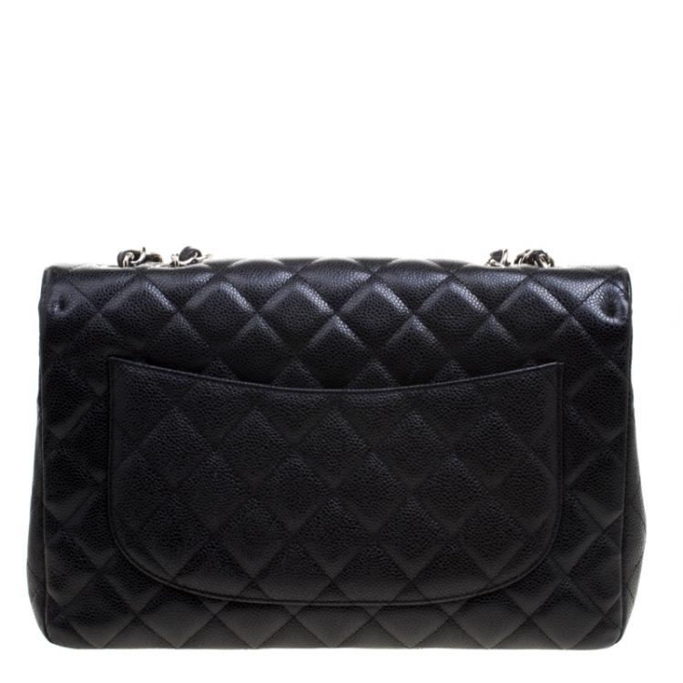 Pre Owned Chanel Black Quilted Caviar Leather Jumbo Classic Single Flap Bag