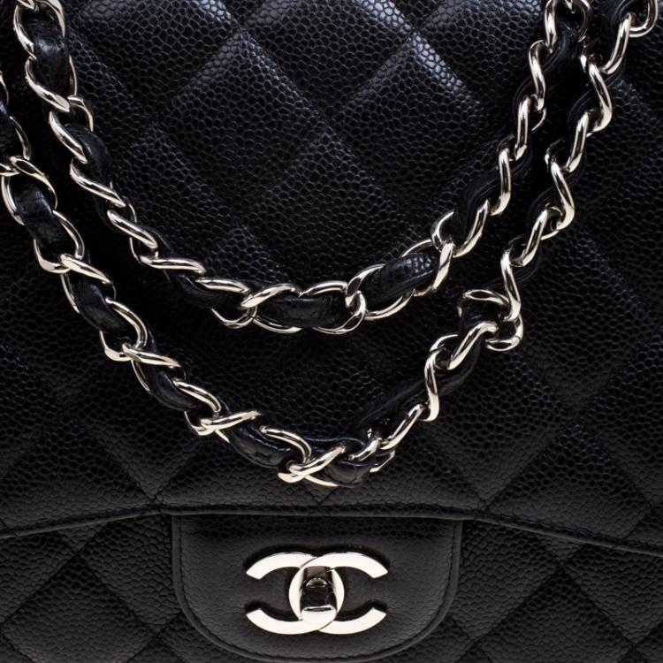 Pre Owned Chanel Black Quilted Caviar Leather Jumbo Classic Single Flap Bag