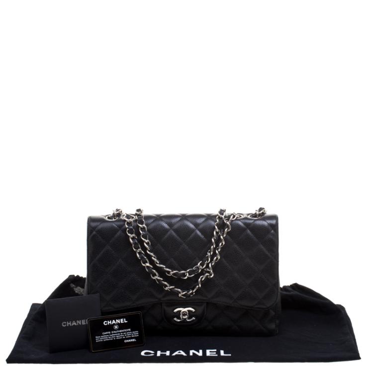 Pre Owned Chanel Black Quilted Caviar Leather Jumbo Classic Single Flap Bag