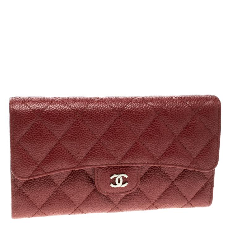 Pre Owned Chanel Red Quilted Caviar Leather Classic Flap Wallet